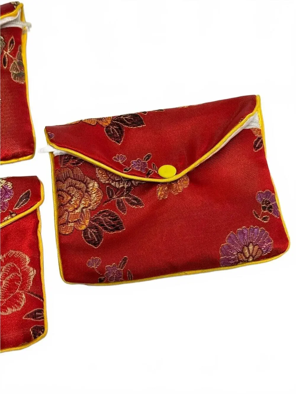 Chinese Brocade Silk Nesting Jewelry Pouches Set of 3 Red Floral Envelope